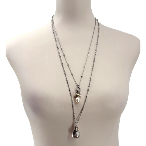 J. Jill Layered Necklace Silver Gold Pear Charm Beaded Rhinestone Adjustable NWT - Picture 7 of 13
